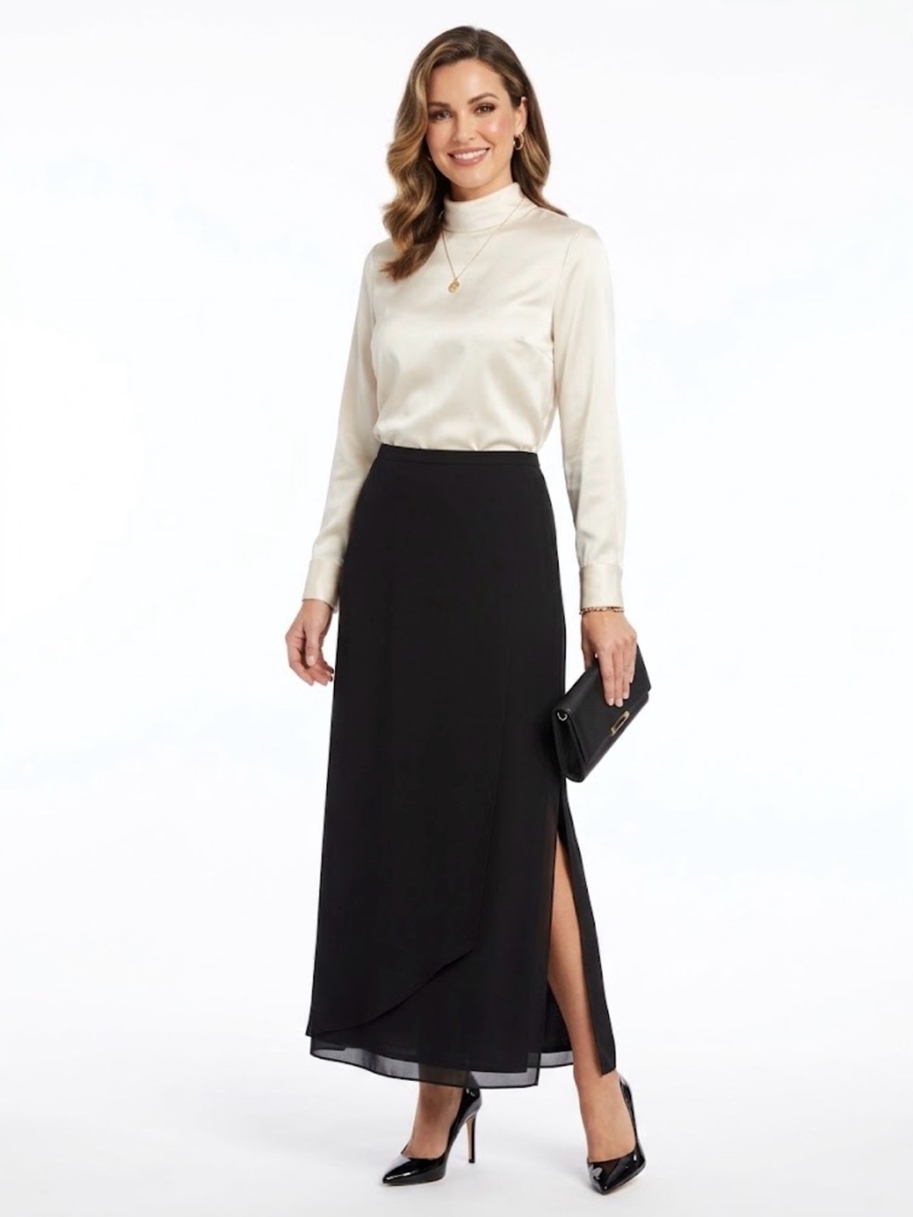 JS Collections Black Crepe Midi Skirt w/ Double Side Slits | Sz 10